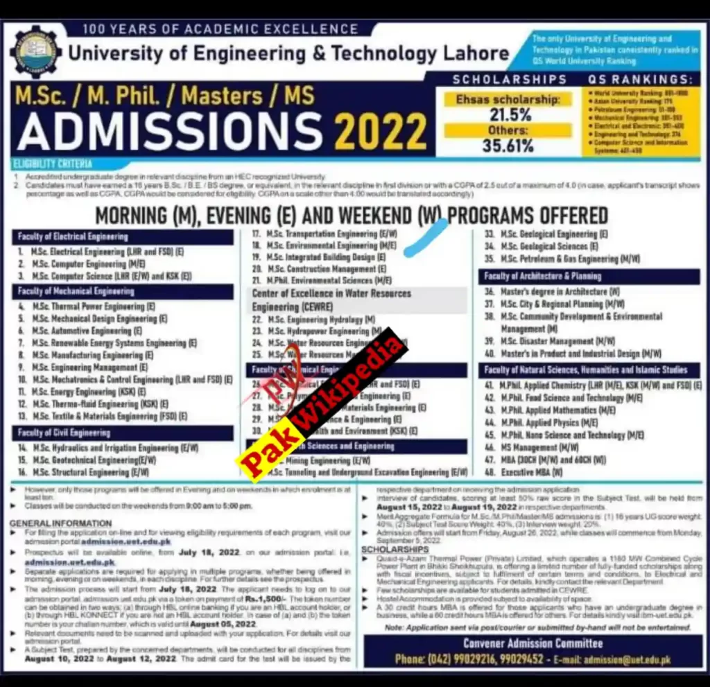 UET Lahore MS/ PhD Admission 2022-23 Online Apply Official Notification