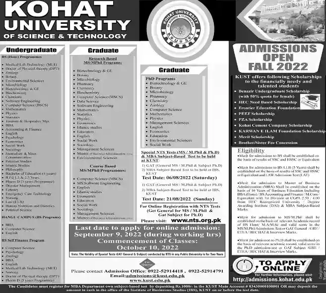 Kohat University Undergraduate /Graduate Admission 2022-23
